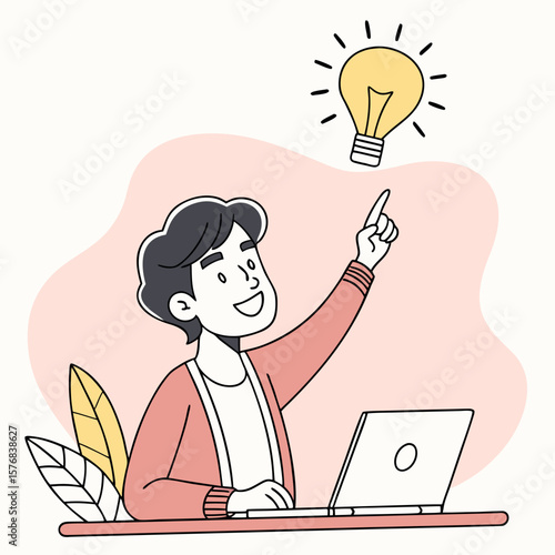 Man gets a brilliant idea while working on his laptop and points at the lightbulb above him a symbol of innovation and creativity