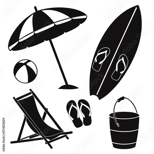 Beach umbrella surfboard beach chair flip flops ball bucket vector