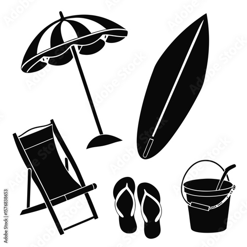 Beach vacation essentials including surfboard umbrella chair flip-flops and bucket