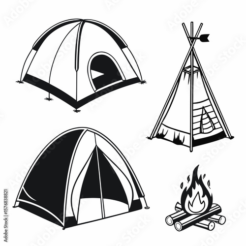 Black and white camping icons featuring tents and campfire shelter outdoor