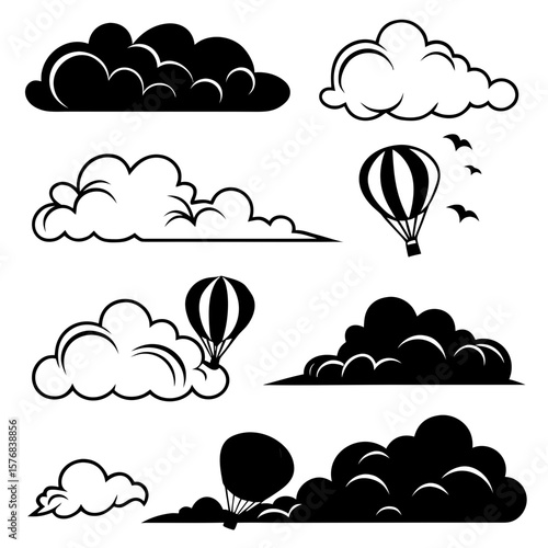 Black and white cloud silhouettes with hot air balloons and birds vector
