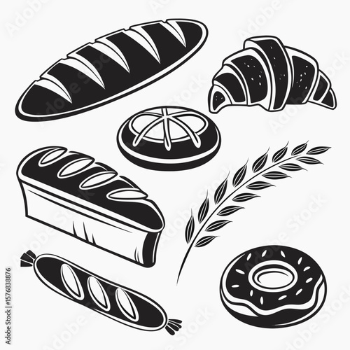 Black and white bakery assortment with bread croissant donut and wheat vector