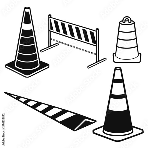 Black and white construction safety cones and barrier construction cones traffic barrier
