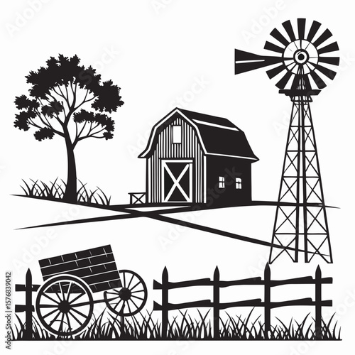 Black barn windmill tree cart fence rural landscape farm