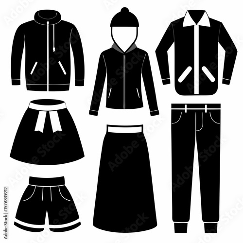 Black clothing silhouettes including jackets skirts pants and shorts fashion apparel
