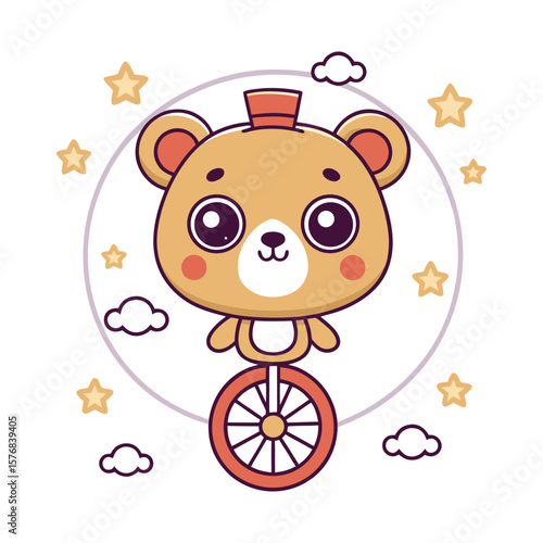 Bear Riding Unicycle — Cute Circus Animal Character