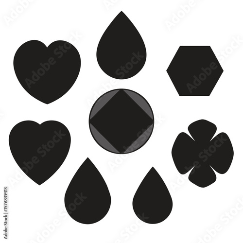 Black gemstone shapes heart teardrop hexagon flower vector