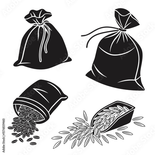 Black grain sacks and spilled grains rice wheat