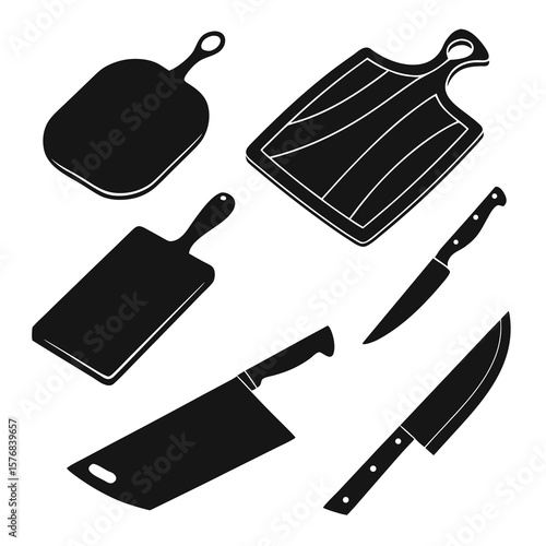 Black kitchen cutting boards and knives silhouettes kitchenware cooking