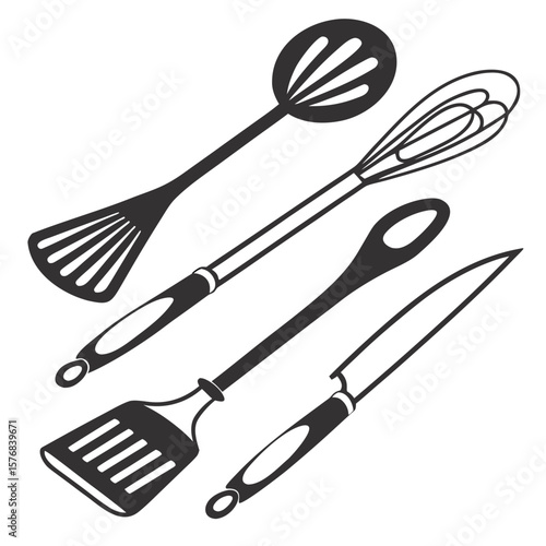 Black kitchen utensil silhouettes including slotted spoon whisk spatula and knife