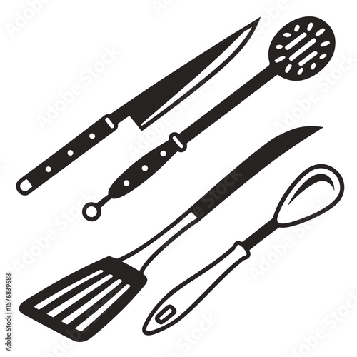 Black kitchen utensil silhouettes on white background cooking utensils