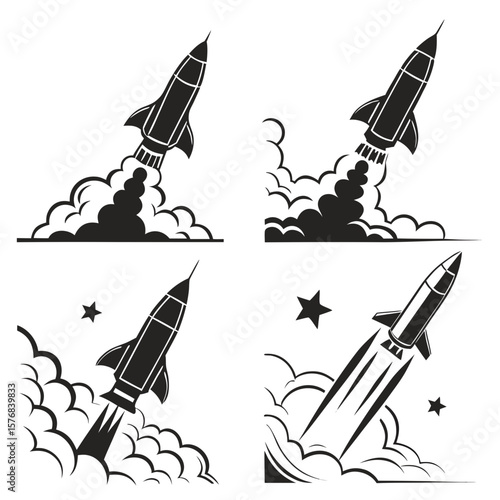 Black rocket boosters launching with smoke and stars blast off space