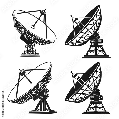 Black satellite dishes on white background radar communication