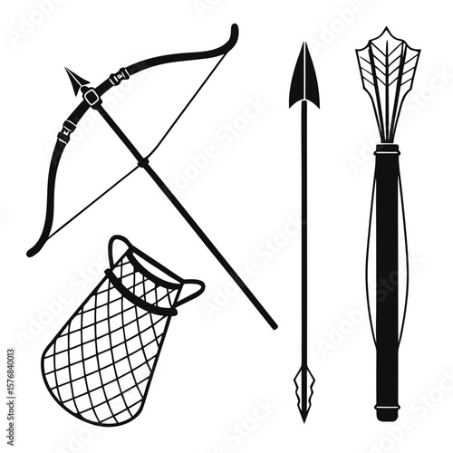 Black silhouette of hunting bow arrow quiver and net vector