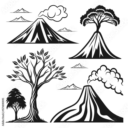 Black silhouette volcanoes erupting smoke with stylized trees and mountains eruption