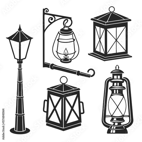 Black silhouettes of antique lanterns and street lamp oil lamp vintage