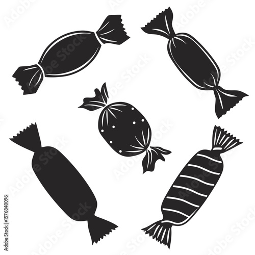 Black silhouettes of assorted wrapped candies candy sweet
