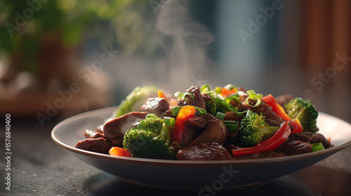 Steaming hot stir-fried vegetables with broccoli mushrooms peppers healthy meal