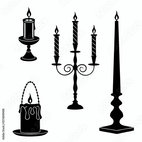 Black silhouettes of five burning candles and candelabras candlestick flame