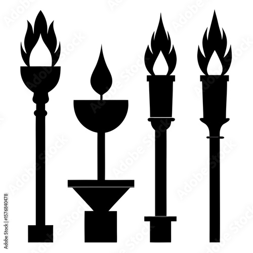 Black silhouettes of four torches and a candle flame fire