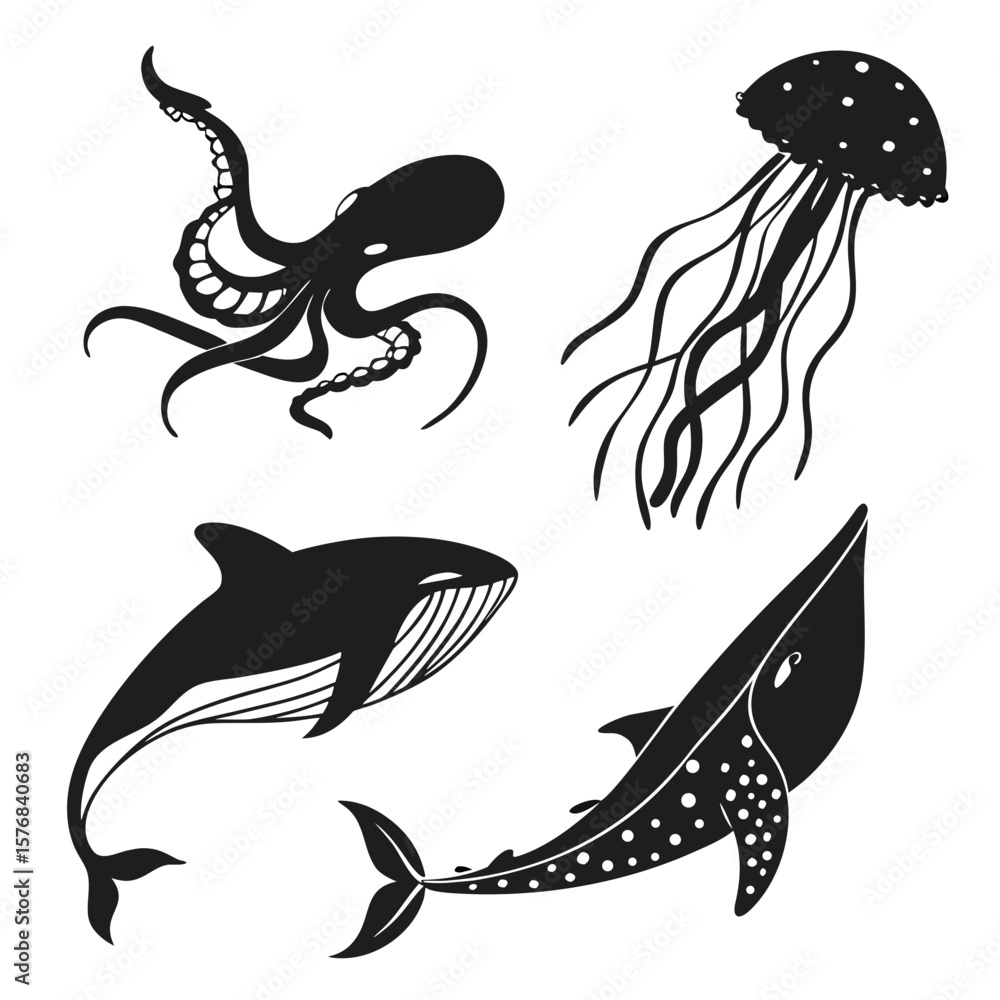 Naklejka premium Black silhouettes of marine life including octopus jellyfish and whales sea creatures