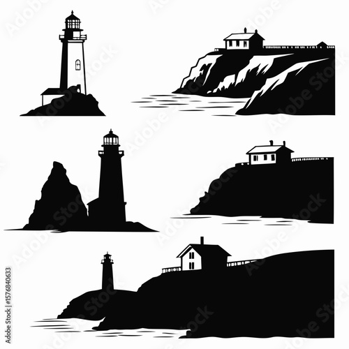 Black silhouettes of lighthouses and coastal cliffs ocean