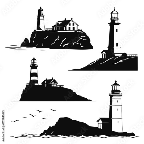 Black silhouettes of lighthouses and coastal buildings on rocky shores sea cliff