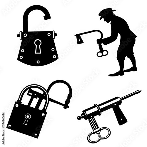 Black silhouettes of locks and a man with a key padlock security