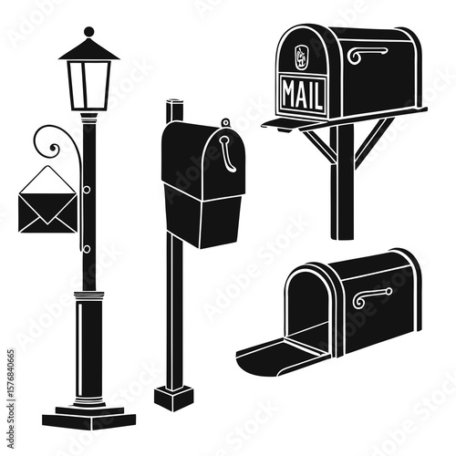Black silhouettes of mailboxes and lamppost with envelope postbox letter