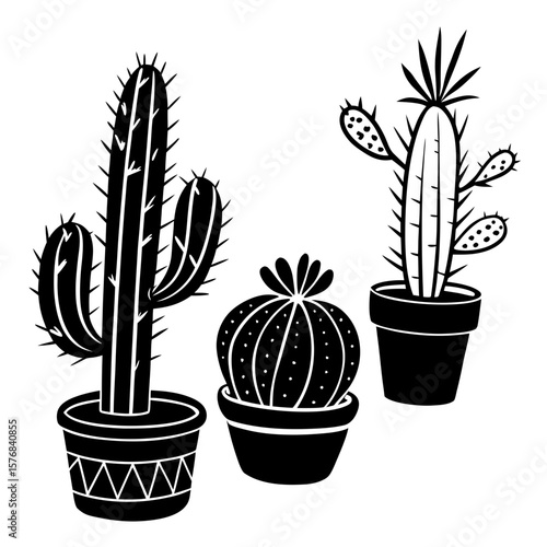 Black silhouettes of potted cacti and succulents cactus potted plant