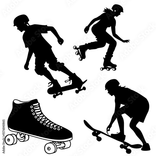 Black silhouettes of roller skaters and skateboarders in motion roller skates skateboards