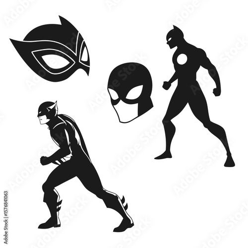 Black superhero masks and action poses silhouette white