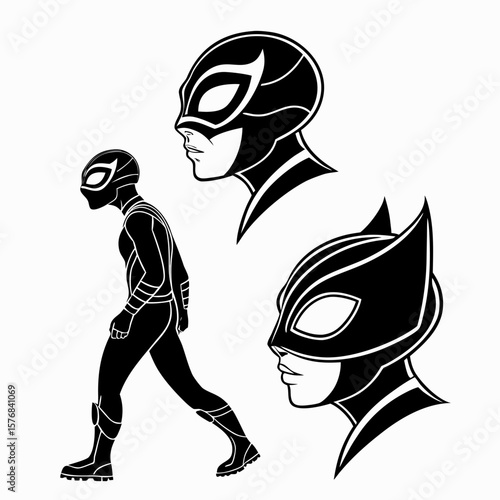 Black superhero masks and full body silhouette white