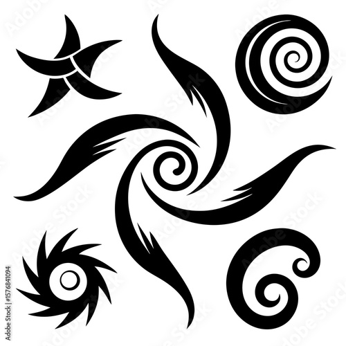 Black swirling wind and starburst graphic elements gust spiral