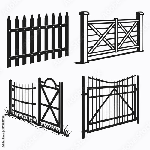 Black village fence and gate silhouettes with grass vector