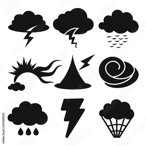Black weather hazard icons storm rain lightning wind vector