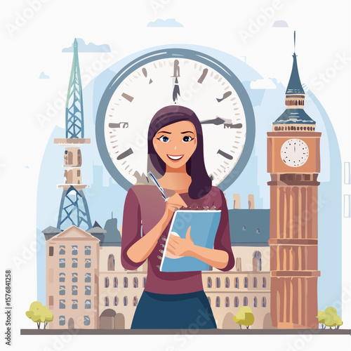 Futuristic vector of a time-traveling journalist holding a notepad and camera with clocks swirling around, symbolizing news through time and eras