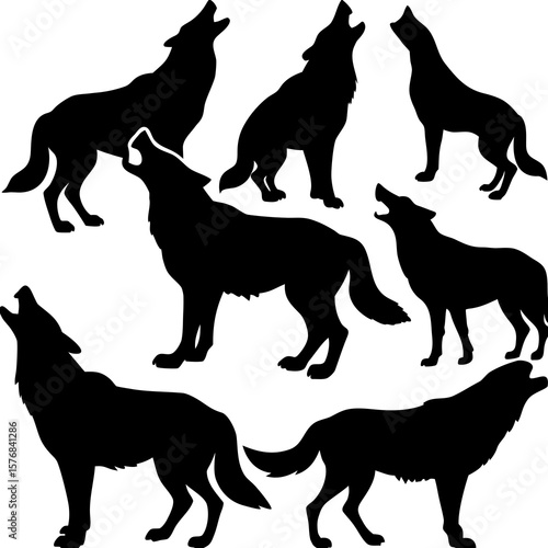 Black wolf silhouettes howling and standing in various poses wolves