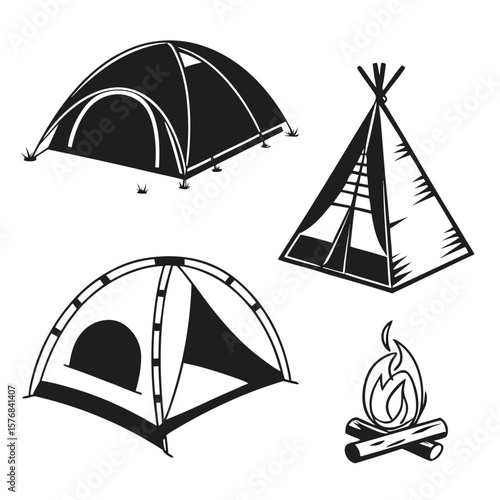 Camping tents and campfire silhouettes outdoor