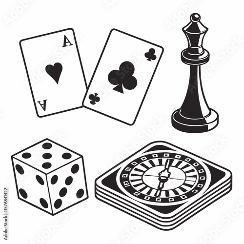 Casino game elements playing cards dice chess piece roulette wheel gambling ace of hearts