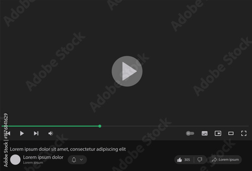Social media video player screen template, mobile video player. Video player mockup, app, ui ux. Channel interface. Social media concept. Play button icon