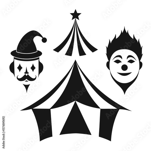 Circus tent and clown faces silhouettes vector