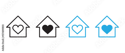 Four House Icons with Heart Symbols. Black and Blue Variations for Real Estate, Homecare, and App Design.