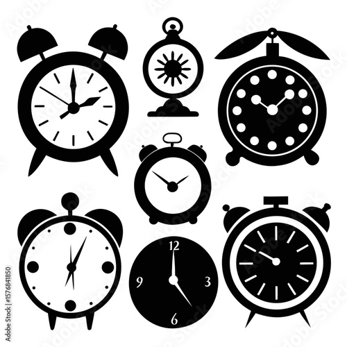 Collection of black alarm clock silhouettes time vintage clock
