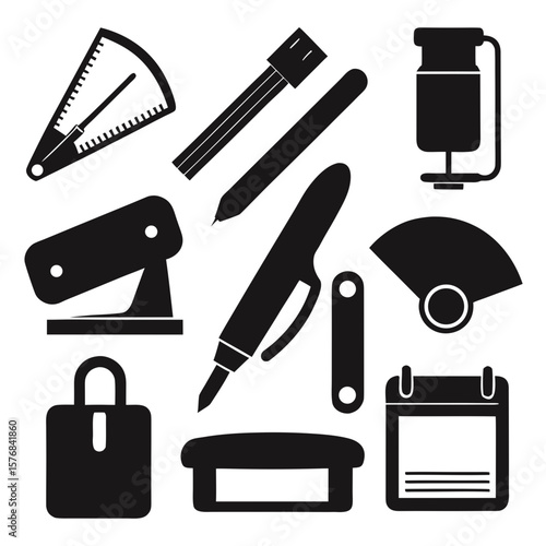 Collection of black office supply icons including stapler pen calendar and protractor