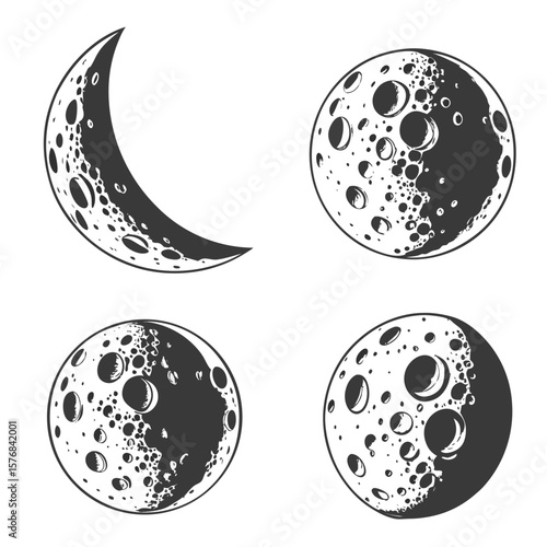 Crescent and full moon craters textured silhouettes surface