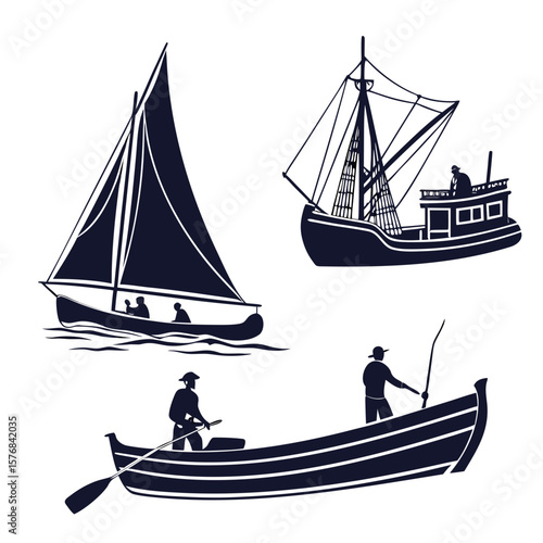 Dark blue silhouettes of sailing boats and rowboats with fishermen fishing