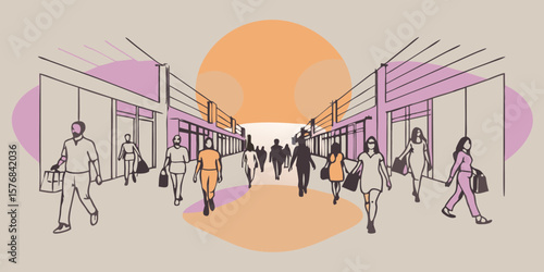 Illustration of people walking in a shopping mall with stores and a warm color palette background