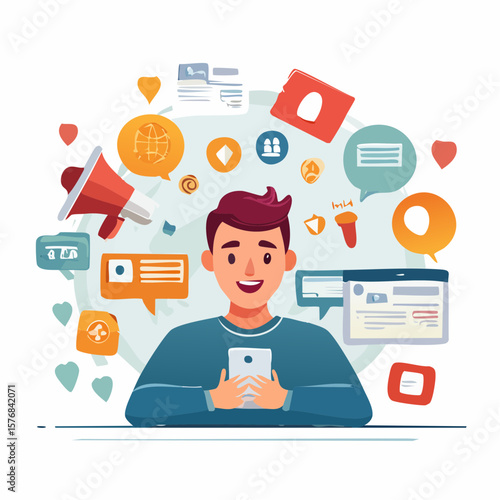 Vector showing an anxious figure surrounded by notification bubbles and flashing icons�representing mental clutter and overstimulation in the digital era