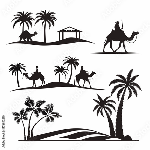 Desert oasis scenes with camels and palm trees silhouette